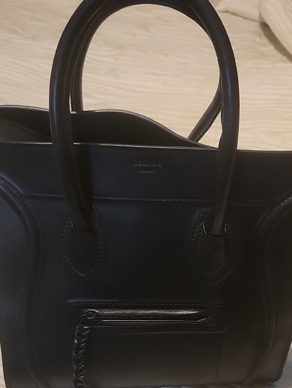 Celine Black Leather Tote with Front Zip Pocket